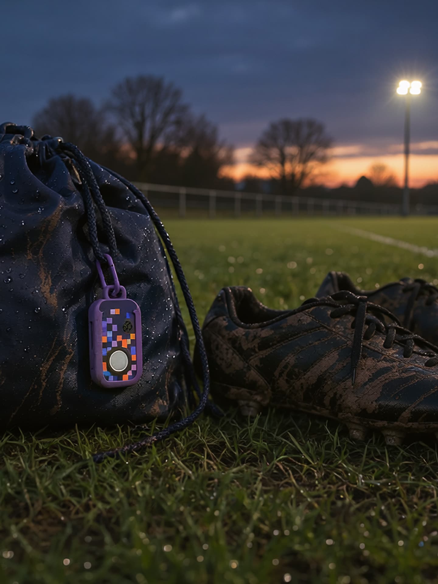A kit bag and muddy football boots beside a floodlit pitch in the rain, with a Yado device clipped to the bag.