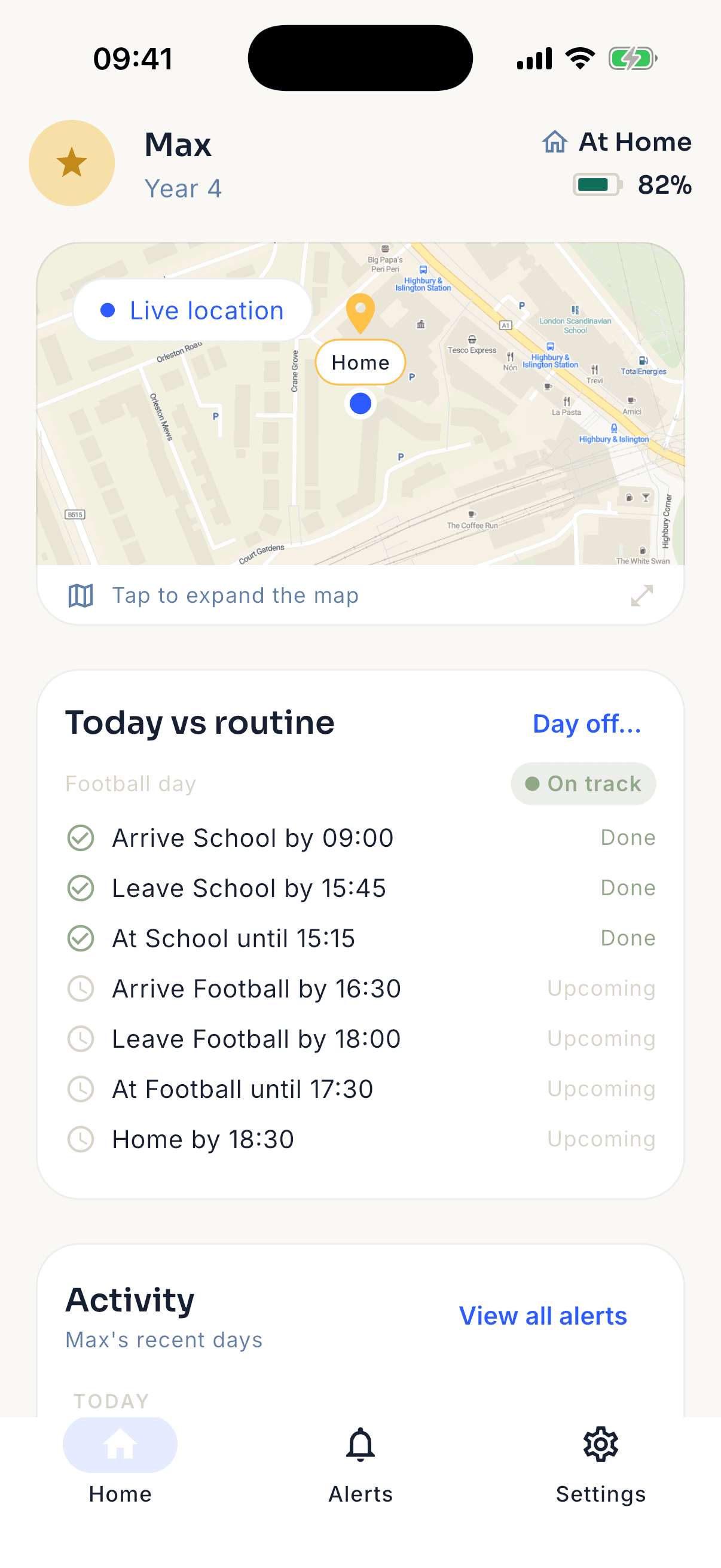 The Yado app home screen showing a live map with the child's location, a Home marker, and recent SOS activity.